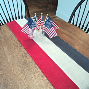4th of July Table Runner Burlap Table Runner Red Off White and Blue Table Runner Patriotic Party Memorial Day Decor Handmade in the USA image 2