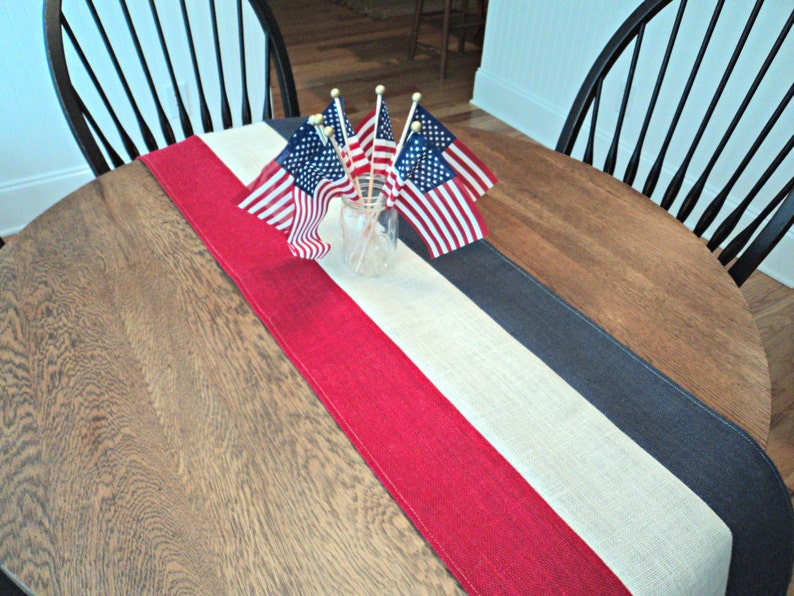 4th of July Table Runner Burlap Table Runner Red Off White and Blue Table Runner Patriotic Party Memorial Day Decor Handmade in the USA image 2