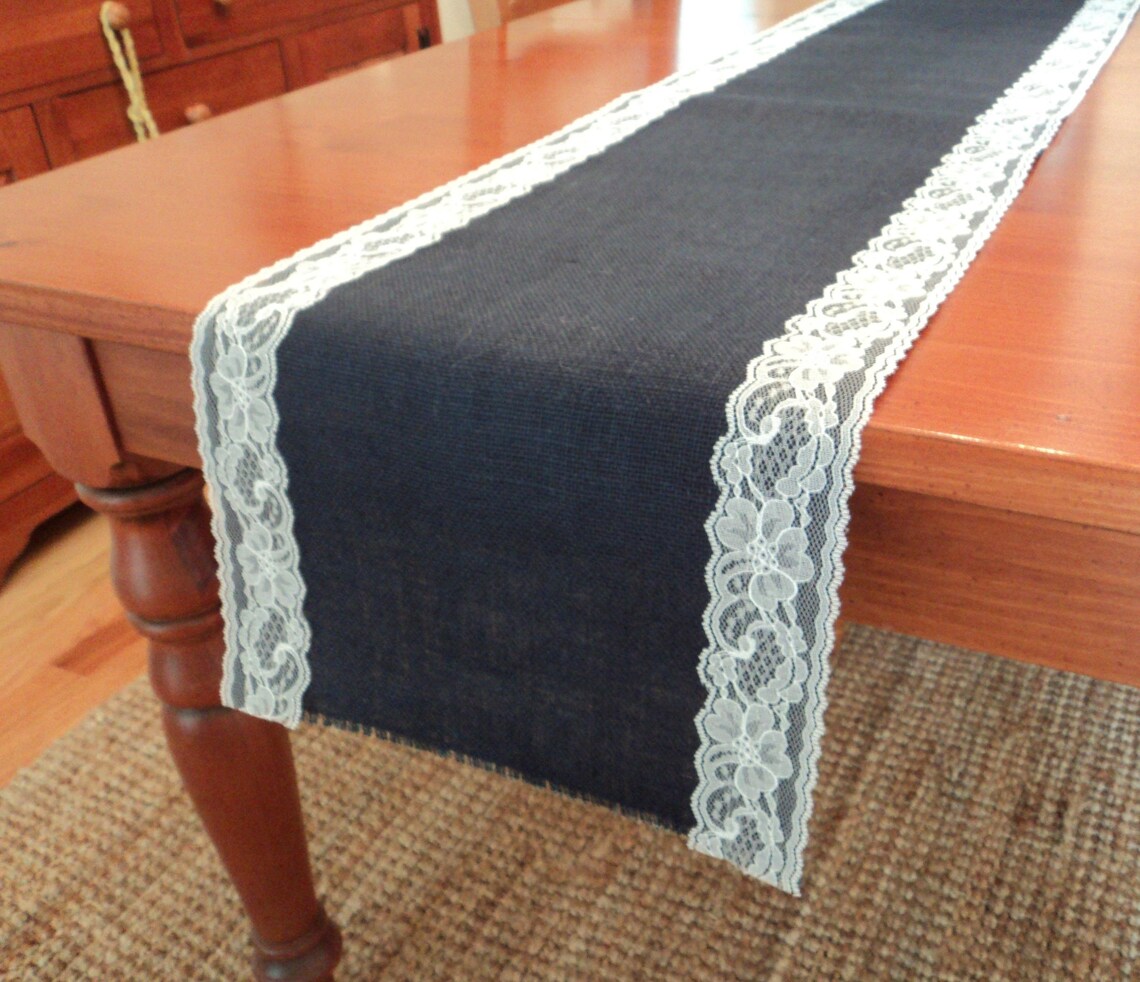 Blue Burlap Table Runner with Lace Navy Blue Burlap Table Etsy