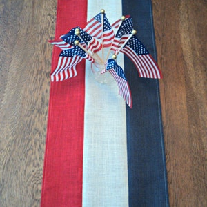 4th of July Table Runner Burlap Table Runner Red Off White and Blue Table Runner Patriotic Party Memorial Day Decor Handmade in the USA image 3