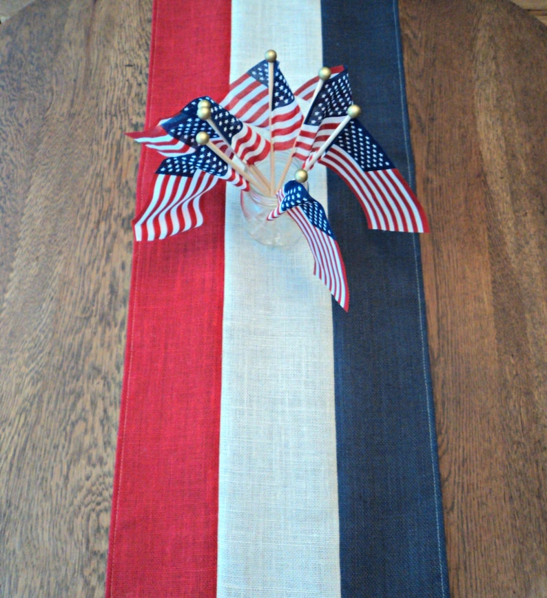 4th of July Table Runner Burlap Table Runner Red Off White and Blue Table Runner Patriotic Party Memorial Day Decor Handmade in the USA image 3