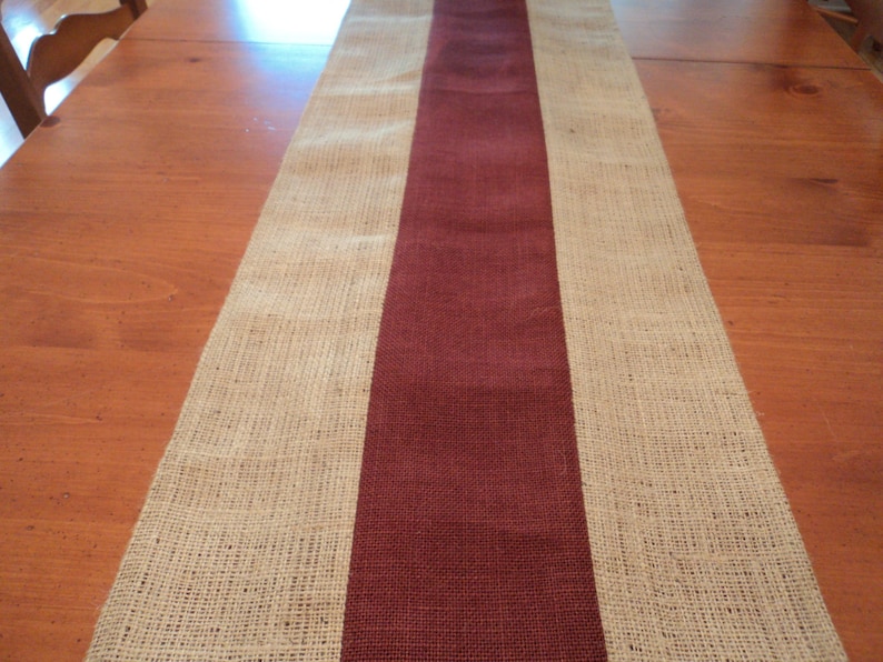 Burgundy and Natural Burlap Table Runner Holiday Table Runner Etsy