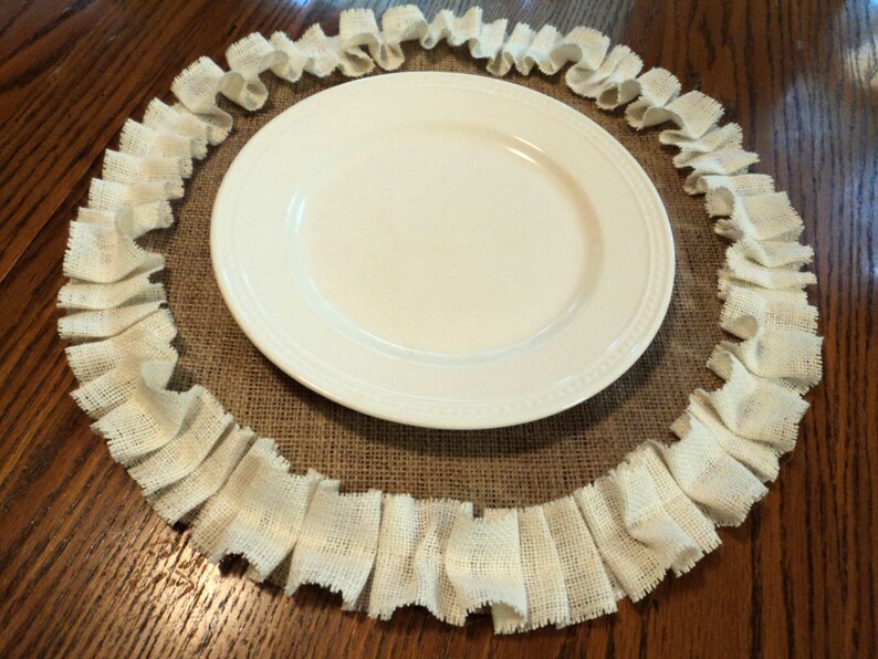 Round Burlap Placemats with Ivory Ruffles Cottage Style Place Etsy