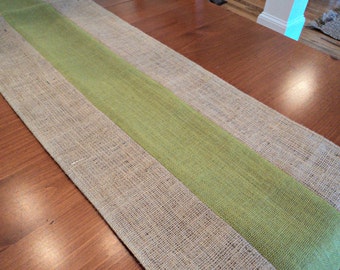 Green and Natural Burlap Table Runner Spring Table Runner Apple Green Table Settings Rustic Home Decor