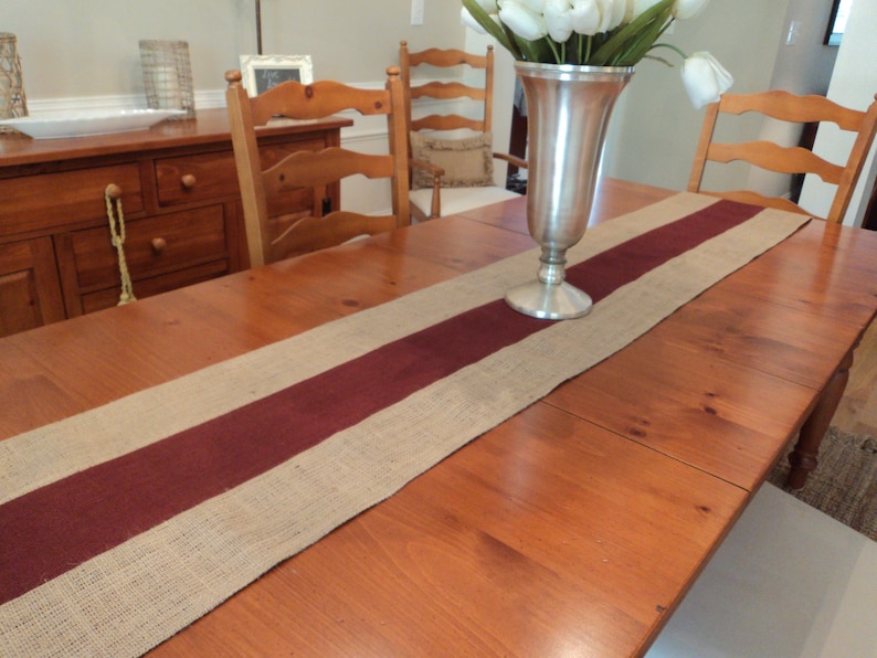 Burgundy and Natural Burlap Table Runner Holiday Table Runner Etsy