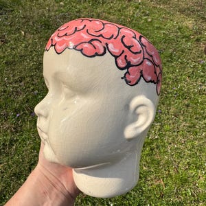 Large Planter head - Handmade and painted - pink brain planter