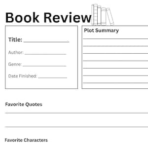 Könnte beinhalten: Schwarz-weiß Buchrezensionsvorlage mit Abschnitten für Titel, Autor, Genre und Fertigstellungsdatum. Enthält Platz für Inhaltsangabe, Lieblingszitate, Charaktere und einen Bewertungsbereich. Mit Sternenbewertungssystem.