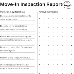 May include: A black and white Move-In Inspection Report checklist. The checklist includes sections for room scans, notes, and a pro tip. The checklist includes items to check for scuffs, stains, and appliance functionality. A cartoon hat graphic is in the upper right corner.
