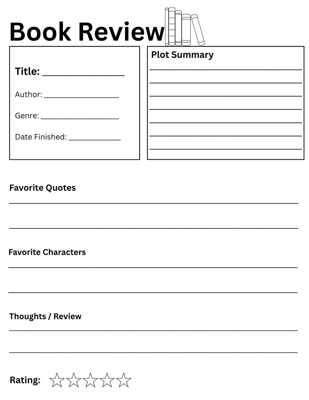 Book Review Printable | Reading Notes Template & Book Summary Page - Etsy