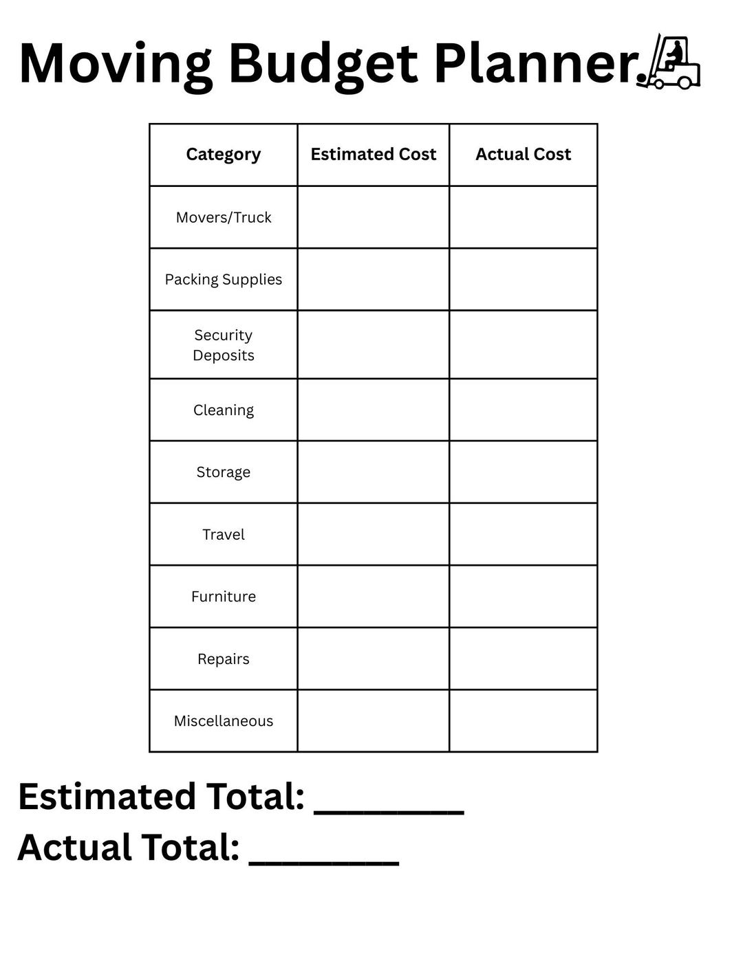 Moving Budget Planner Printable | Relocation Expense Tracker | Moving ...