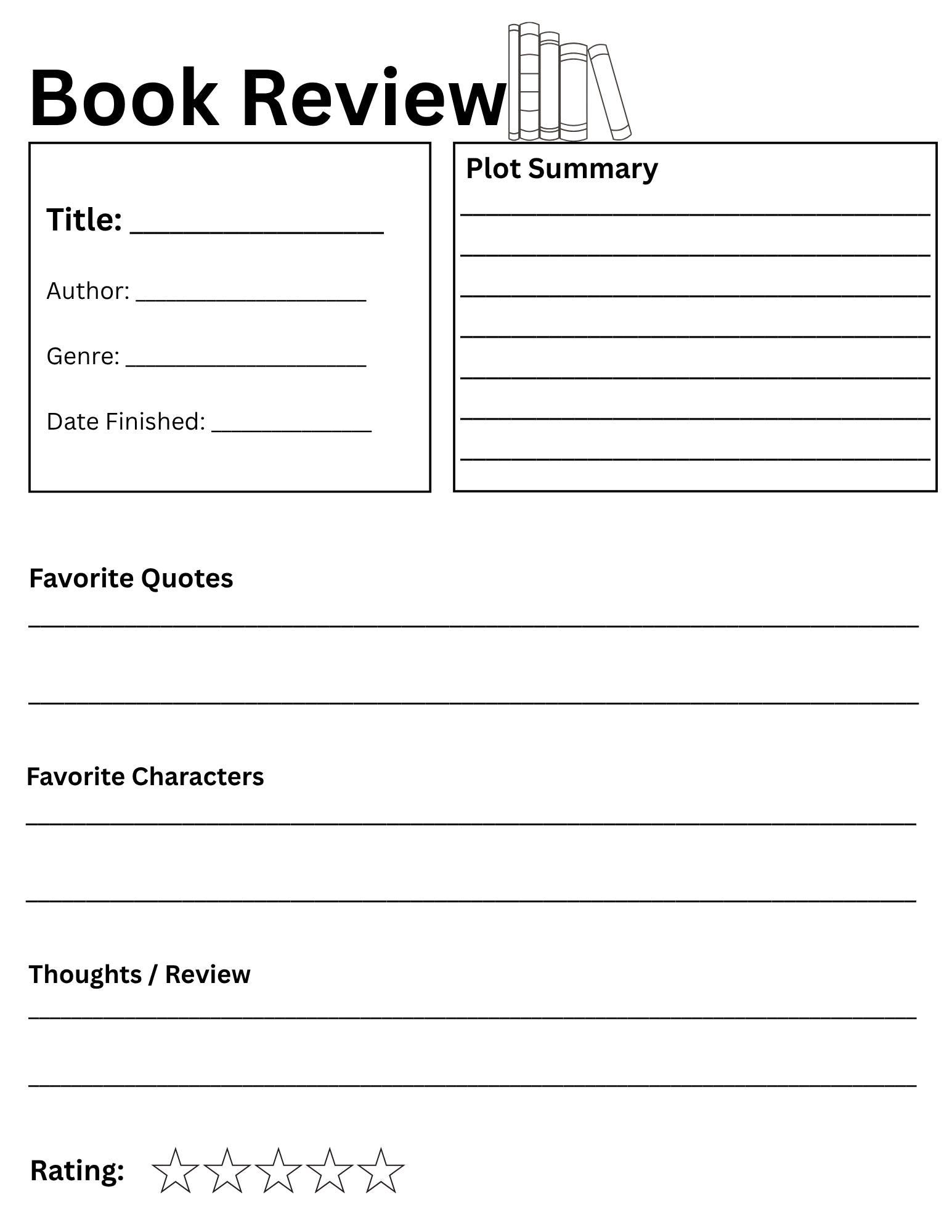 Book Review Printable | Reading Notes Template & Book Summary Page - Etsy