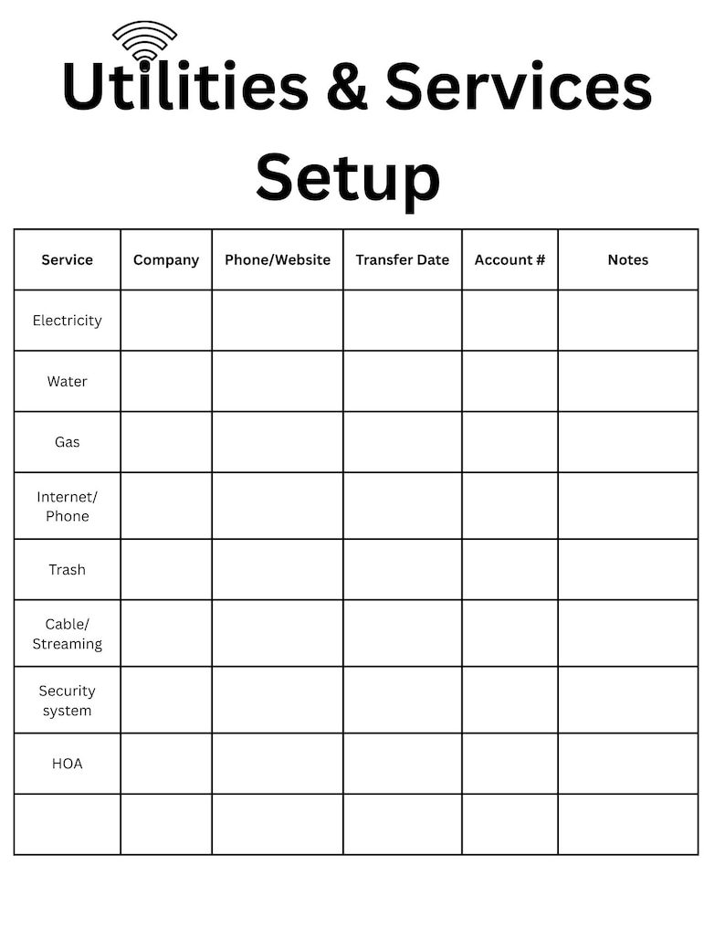 Utilities Checklist Table Utilities Setup Checklist Printable | New Home Utilities Tracker ...