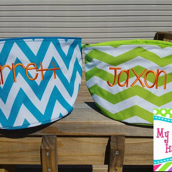 Easter Bucket Monogrammed can Monogram with names/ initals. Lime, Grey, Navy, Pink Polka Dot, Pink ,Purple Chevron