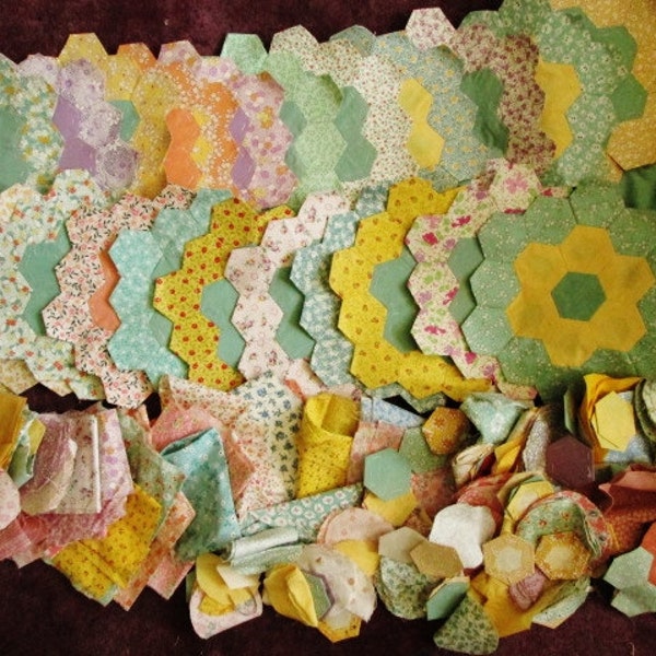 Vintage Quilt Blocks, Grandmother's Flower Garden Quilt Pieces, Fabric Hand Sewn