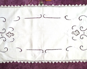 White Linen Table Runner, Hand Embroidered 17 x 33