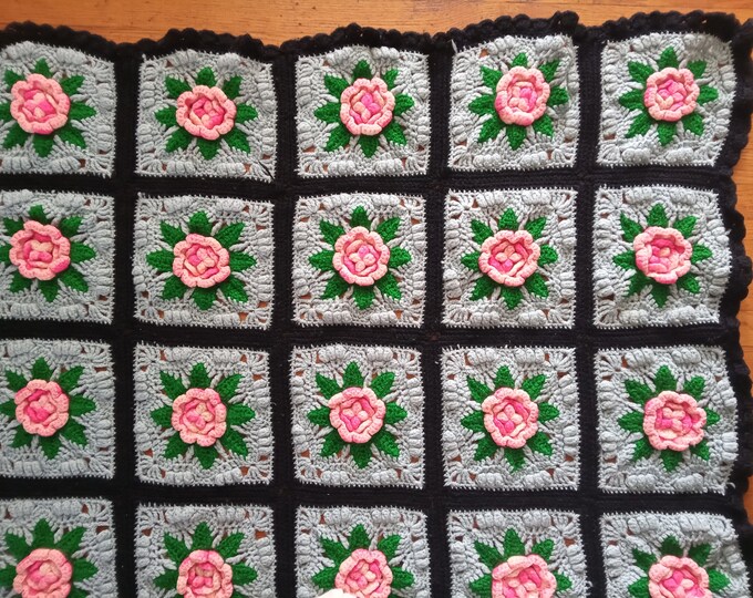 Vintage Crocheted Wool Afghan, Throw 67 X 67, Roses Etsy
