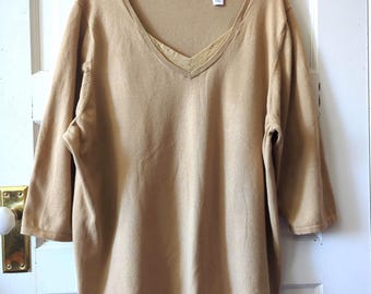 Beige Cotton V Neck Sweater 3X