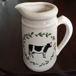 Vintage Milk Pitcher with Cow, Rustic Vase