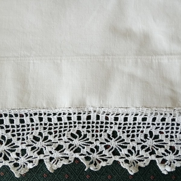 White cotton Pillowcase, Crochet Lace Trim