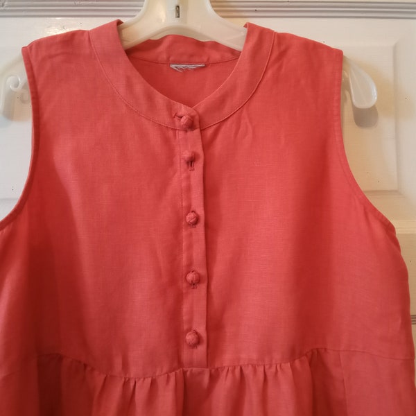 Coral Color Linen Dress, Pockets, M