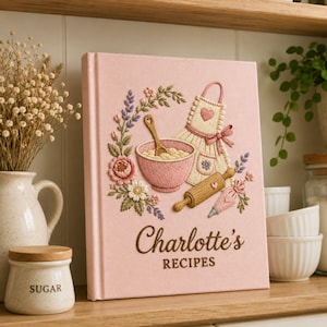 Pode incluir: Um livro de receitas de capa dura em rosa claro intitulado Charlotte's RECIPES, com bordados de uma tigela com colher de pau, um avental, um rolo de massa, um saco de pasteleiro e arranjos florais em tons de rosa, verde e roxo.