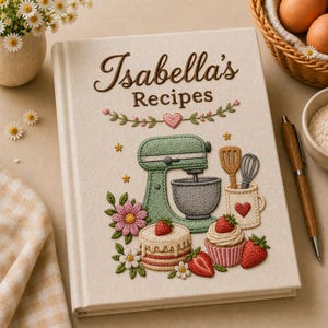 Op de afbeelding: Een crèmekleurig, met stof bekleed receptenboek met borduurwerk van een saliegroene keukenmixer, een taart, een cupcake, aardbeien en bloemen. De tekst "Isabella's Recipes" is in bruine letters op de kaft geborduurd.