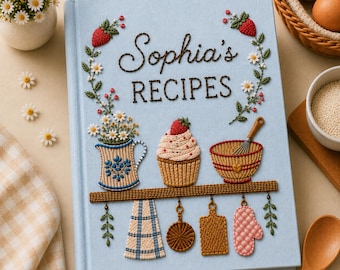 Personalized Embroidered Recipe Book, Recipe Journal A5, Vintage Cottagecore Cookbook, Family Recipe Keepsake, Baking Memory Book Gift