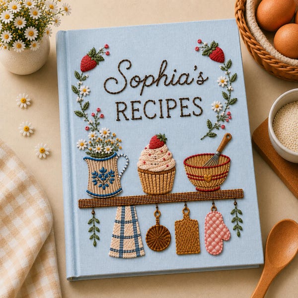Personalized Embroidered Recipe Book, Recipe Journal A5, Vintage Cottagecore Cookbook, Family Recipe Keepsake, Baking Memory Book Gift