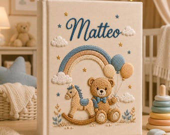 Gepersonaliseerde handgeborduurd babyfotoalbum, teddybeer regenboog linnen geheugenboek, aangepast aandenken album pasgeborene, kraamcadeau