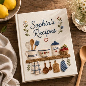 Puede incluir: Un libro de recetas con cubierta de tela blanca que presenta el texto bordado Sophia's Recipes. La portada muestra motivos de cocina cosidos, incluyendo un batidor, cuchara de madera, espátula, bote de harina, cuenco, fresas y utensilios colgantes.