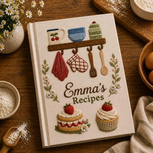 Könnte beinhalten: Ein cremefarbenes Hardcover-Buch mit dem Titel Emma's Recipes und gestickten Küchenmotiven. Der Einband zeigt ein Regal mit Tasse, Schüssel und Glas, hängende Utensilien, ein Tuch, einen Ofenhandschuh, Blumenranken, einen Erdbeerkuchen und einen Cupcake.