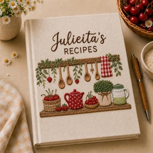 May include: A cream-coloured hardback recipe book titled Julieita's RECIPES with embroidered kitchen motifs including wooden spoons, a red polka-dot teapot, a red and white chequered towel, a basket of strawberries, and a green potted plant.
