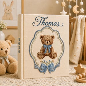 Personligt broderat fotoalbum för bebis, anpassat fotoalbum för pojke med namn, broderad nallebjörnsminnesbok, babyshowerpresent