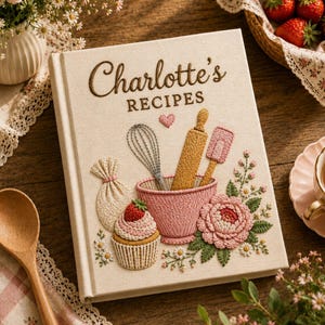 Op de afbeelding: Een crèmekleurig, met stof bekleed receptenboek getiteld Charlotte's Recipes, voorzien van borduurwerk van keukengerei zoals een garde, deegroller en spatel, een roze mengkom, een aardbeien-cupcake en roze bloemaccenten.