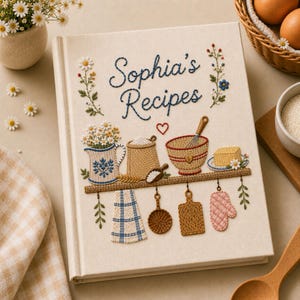 May include: A cream-coloured hardback recipe book featuring intricate embroidery on the front cover. The text reads Sophia's Recipes, surrounded by stitched illustrations of a pitcher, flour sack, mixing bowl, whisk, butter, towel, pan, and oven mitt.