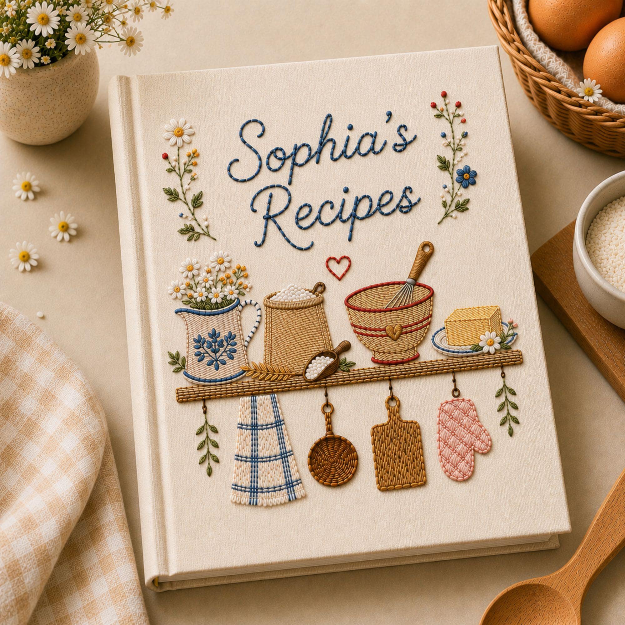 Personalized Hand Embroidered Recipe Book, Rustic Farmhouse Kitchen Recipe Journal, Floral Baking Recipe Notebook, Cookbook Gift for Mom