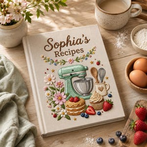 Op de afbeelding: Een receptenboek met een beige stoffen kaft en de geborduurde tekst Sophia's Recipes. Het ontwerp bevat een lichtgroene keukenmixer, een gelaagde taart, een cupcake, aardbeien, bosbessen en diverse kleurrijke bloemen op de omslag.