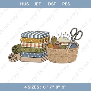 May include: An illustration of sewing supplies. A stack of folded fabric in various patterns and colors, including blue stripes, yellow polka dots, and green floral designs. A woven basket holds spools of thread, a pincushion, and scissors. The text reads "4 SIZES: 6" 7" 8" 9"."