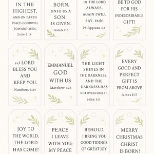 May include: A collection of twelve white gift tags, each with a different Bible verse in gold text and decorated with green leaf illustrations. Verses include "Glory to God" and "Merry Christmas". Designed by Amy.