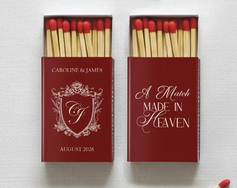 Personalized Wedding Matchbox Favors for Guests Custom Shield Matches Burgundy Monogrammed Matchbooks for Reception and Sparkler Send-off