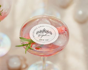Custom Quinceañera Drink Toppers for Champagne Glasses – Mis Quince Años Name Tags with Tiara – Personalized Party Decor