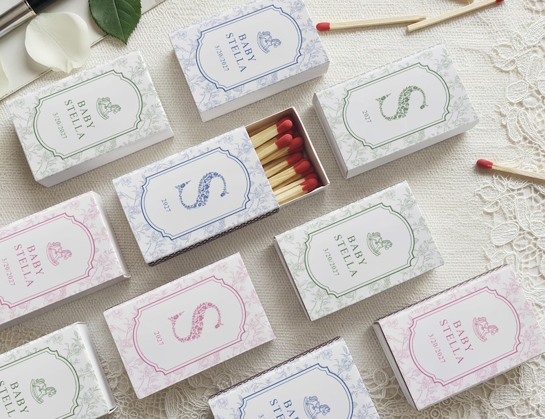Personalized Baby Shower Matchbox Favors Custom Toile Floral Rocking Horse Event Decor Elegant New Baby Keepsake Gift bild 1