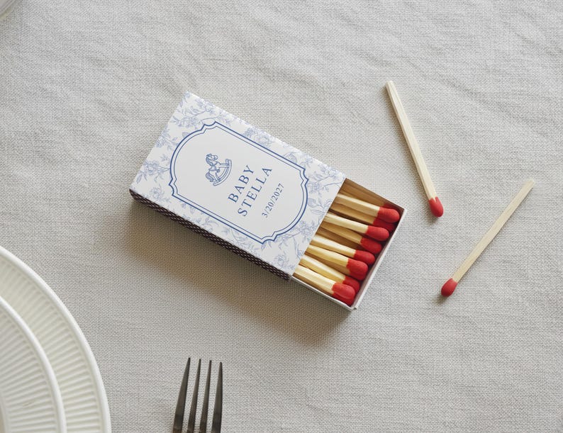 Personalized Baby Shower Matchbox Favors Custom Toile Floral Rocking Horse Event Decor Elegant New Baby Keepsake Gift bild 2