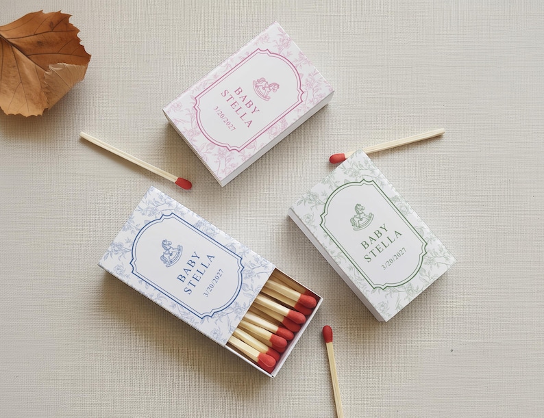 Personalized Baby Shower Matchbox Favors Custom Toile Floral Rocking Horse Event Decor Elegant New Baby Keepsake Gift bild 7