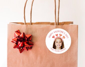 Custom Valentine Photo Stickers for Kids Classroom, School Valentine Labels with Heart Headband, Personalized Gift Tags, Treat Bag Decals