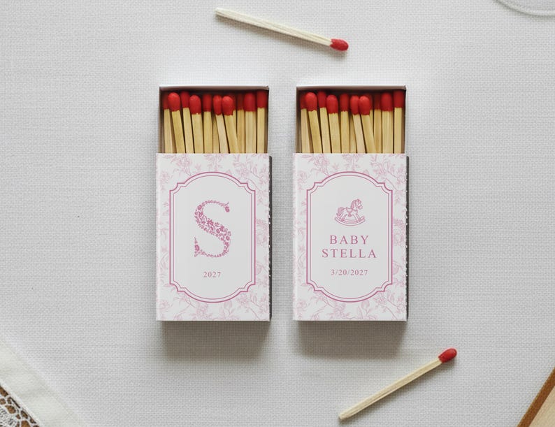 Personalized Baby Shower Matchbox Favors Custom Toile Floral Rocking Horse Event Decor Elegant New Baby Keepsake Gift bild 5