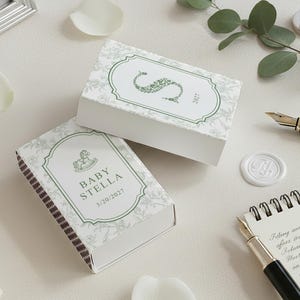 Personalized Baby Shower Matchbox Favors Custom Toile Floral Rocking Horse Event Decor Elegant New Baby Keepsake Gift bild 4