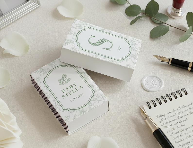 Personalized Baby Shower Matchbox Favors Custom Toile Floral Rocking Horse Event Decor Elegant New Baby Keepsake Gift bild 4