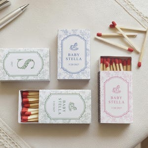 Personalized Baby Shower Matchbox Favors Custom Toile Floral Rocking Horse Event Decor Elegant New Baby Keepsake Gift bild 8