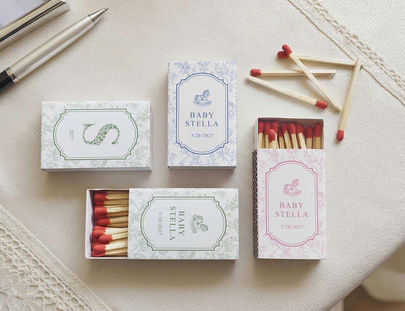 Personalized Baby Shower Matchbox Favors Custom Toile Floral Rocking Horse Event Decor Elegant New Baby Keepsake Gift bild 8